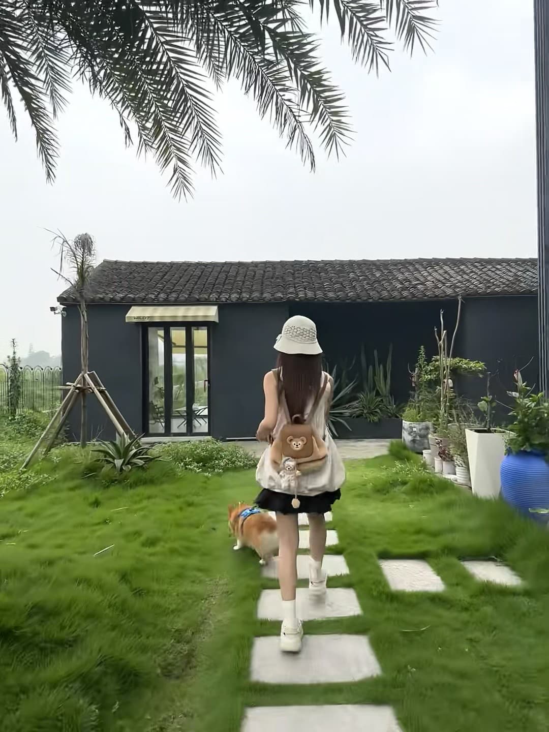 雨后花园小径，遛狗+白帽+奶牛包=今日份松弛感封面图