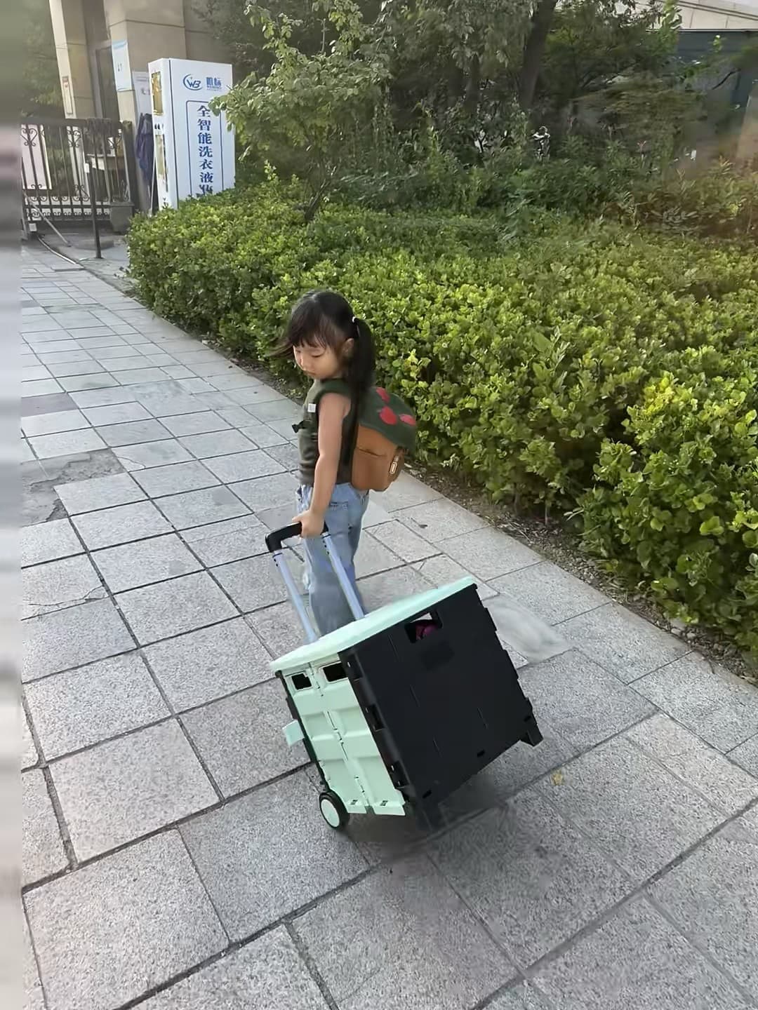 小搬运工上线！今天在小区外遛娃，她把折叠拉车当行李箱使了～封面图