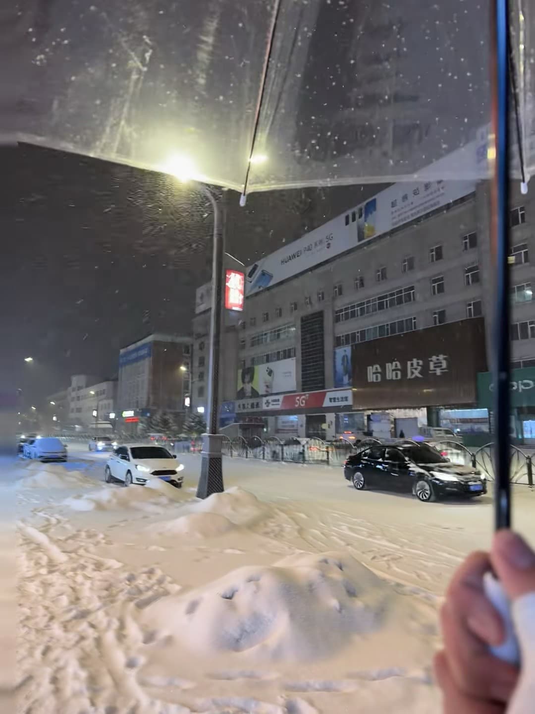 雪夜撑伞路过街角，车灯在雪里晕成一团暖光封面图