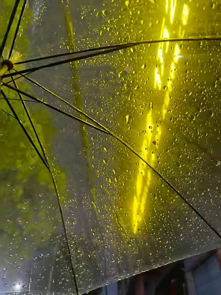 雨夜撑伞回住处，黄光在伞面晃成一道光瀑封面图