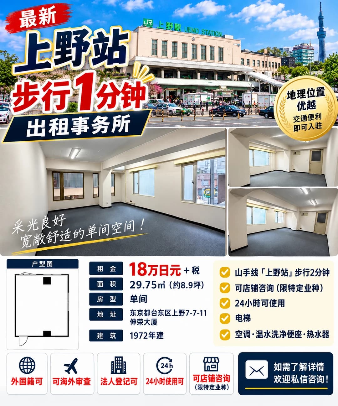 东京上野站超近‼️18万日元租一间事务所🏢封面图