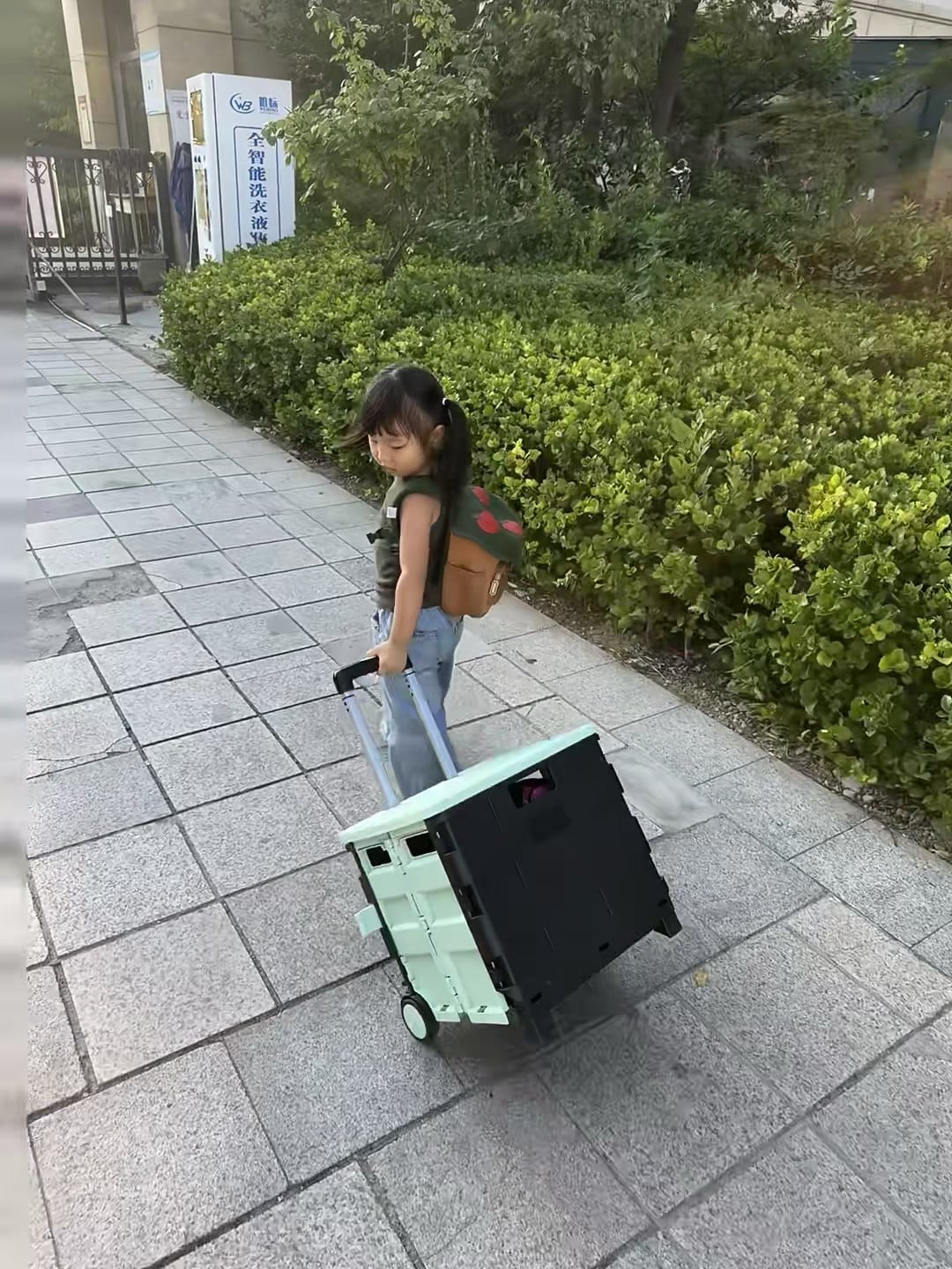 小搬运工上线！今天在小区外遛娃，她把折叠拉车当行李箱使了～